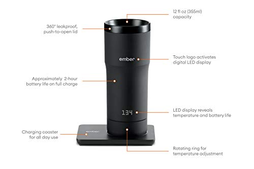 EMBER TEMPERATURE CONTROL TRAVEL MUG 12 OUNCE 2-HR BATTERY LIFE, TM15 - BLACK Like New