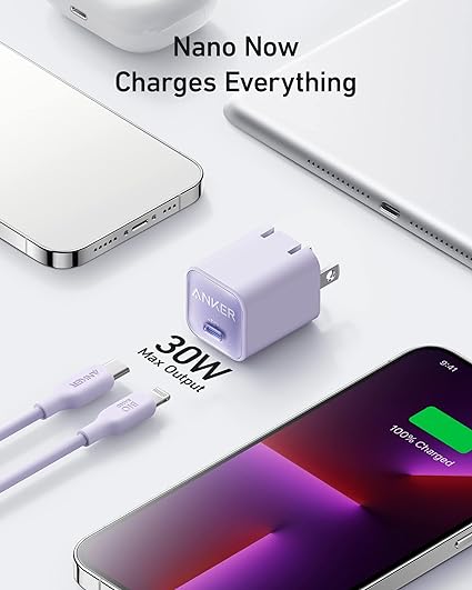 Anker USBC GaN 511 Charger 30W Nano 3 6ft USB-C to A2152 - Lilac Purple Like New