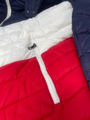 SPIRE MEN'S QUILTED SHELL HOODED PUFFER JACKET - SIZE: MEN L - NAVY/WHITE/RED - Brand New