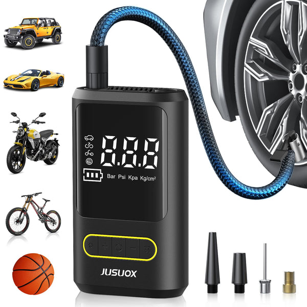 JUSUOX TIRE INFLATOR PORTABLE AIR COMPRESSOR, AIR BIKE PUMP DIGITAL PRESSURE - Like New