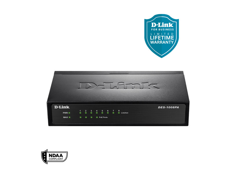 D-Link 8-Port Fast Ethernet PoE Unmanaged/ Plug and Play Switch | 4 PoE Ports,