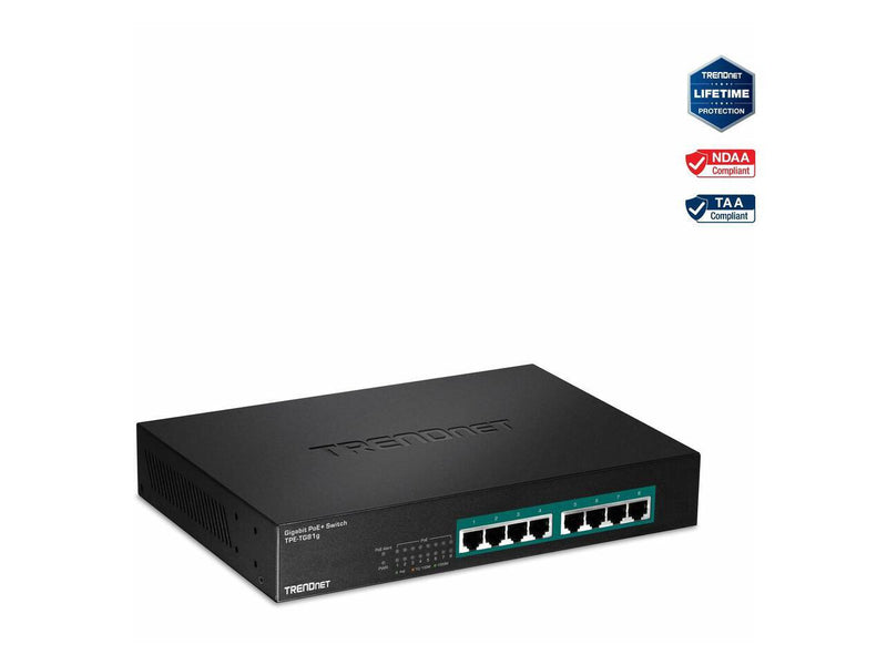 TRENDnet 8-Port Gigabit GREENnet PoE+ Switch, TPE-TG81g, 8 x Gigabit PoE+ Ports,