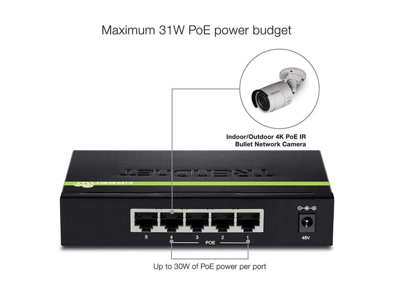 TRENDnet 5-Port Gigabit PoE+ Switch, 31 W PoE Budget, 10 Gbps Switching