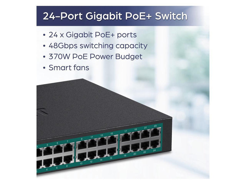 TRENDnet 24-Port Gigabit PoE+ Switch, 24 x Gigabit PoE+ Ports, 370W Power