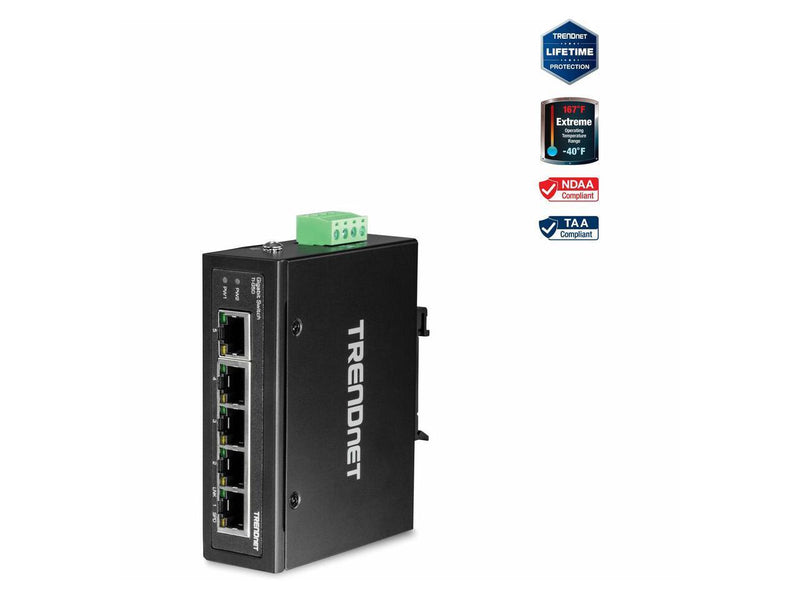 TRENDnet 5-Port Hardened Industrial Gigabit DIN-Rail Switch, TI-G50, 10 Gbps,