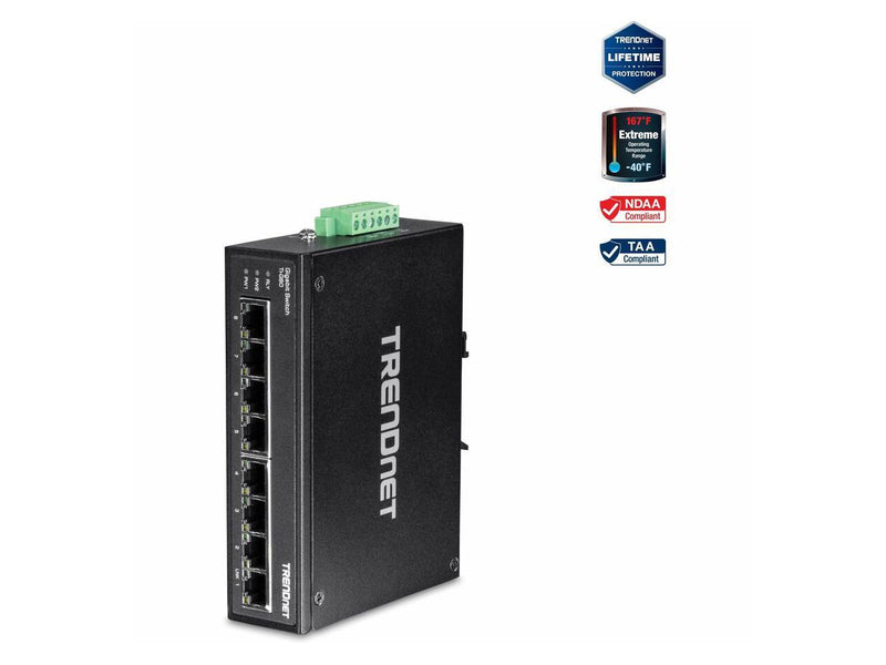 TRENDnet 8-Port Hardened Industrial Gigabit DIN-Rail Switch, TI-G80, 16 Gbps