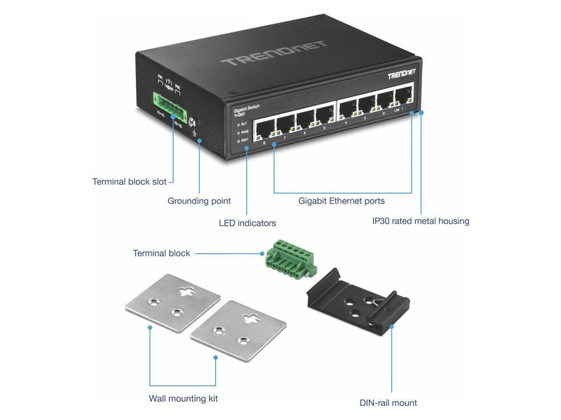 TRENDnet 8-Port Hardened Industrial Gigabit DIN-Rail Switch, TI-G80, 16 Gbps