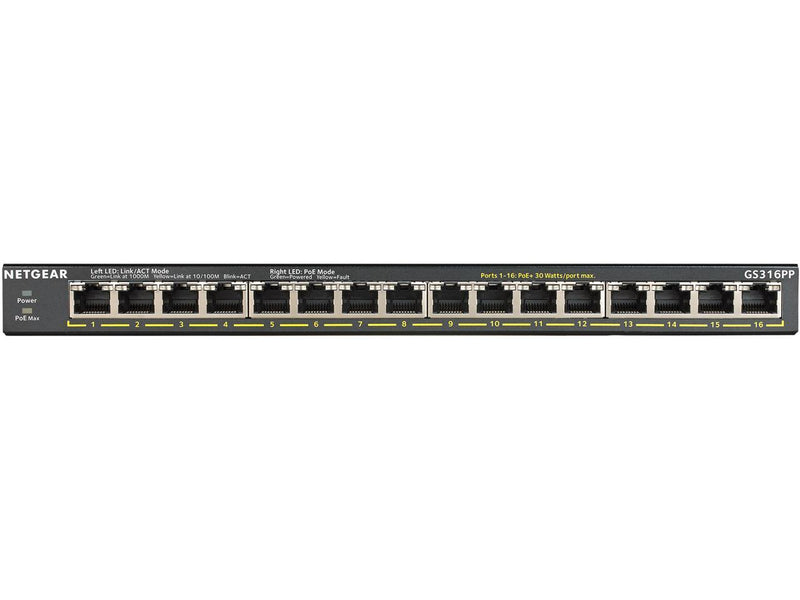 NETGEAR 16-Port Gigabit Ethernet Unmanaged PoE+ Switch (GS316PP) - with 16 x