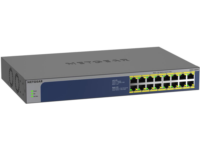 NETGEAR 16-Port Gigabit Ethernet Unmanaged PoE Switch (GS516PP) - with 16 x PoE+