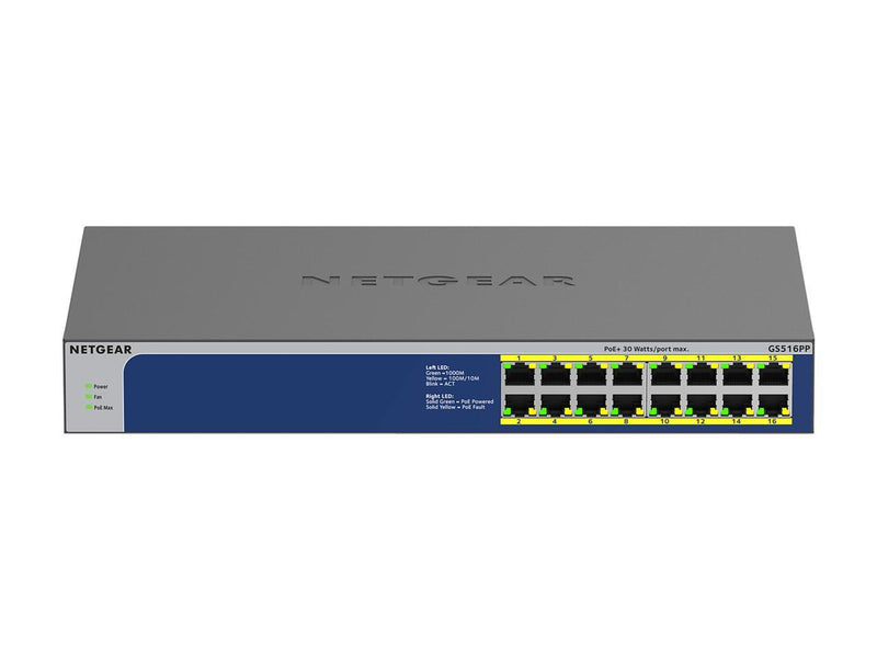 NETGEAR 16-Port Gigabit Ethernet Unmanaged PoE Switch (GS516PP) - with 16 x PoE+