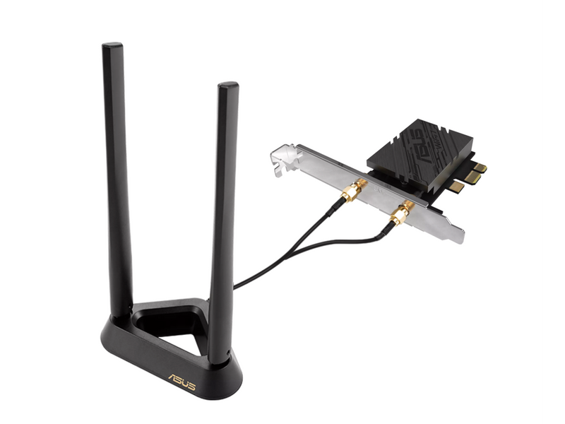 ASUS PCE-BE92BT WiFi 7 PCI-E Adapter with 2 external antennas. Supporting 6GHz