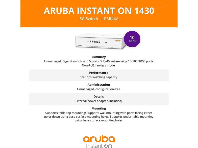 Aruba Instant On 1430 5-Port Gb Unmanaged Switch | 5X 1G Ports | Fanless | US