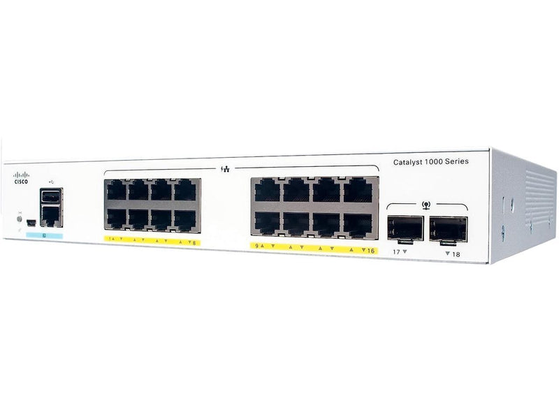 Cisco Catalyst 1000-16P-2G-L Network Switch, 16 Gigabit Ethernet PoE+ Ports,