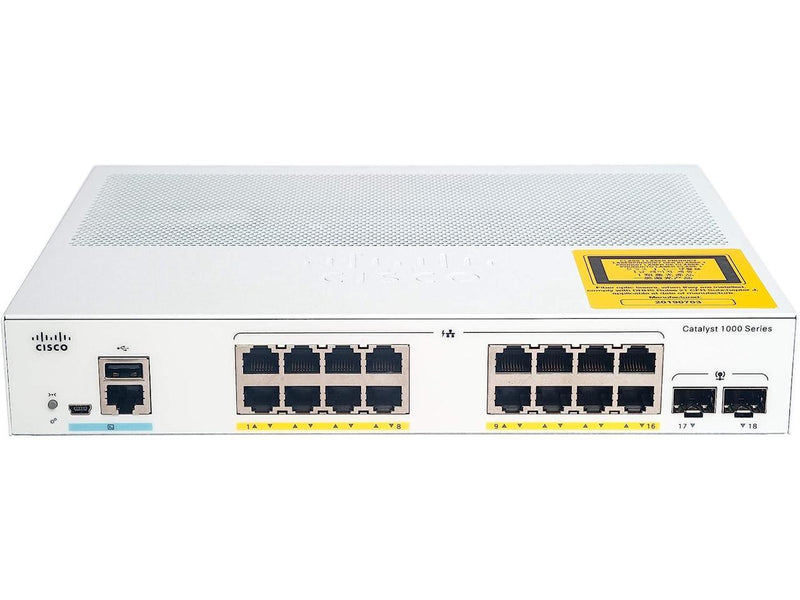 Cisco Catalyst 1000-16P-2G-L Network Switch, 16 Gigabit Ethernet PoE+ Ports,