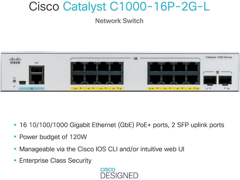 Cisco Catalyst 1000-16P-2G-L Network Switch, 16 Gigabit Ethernet PoE+ Ports,