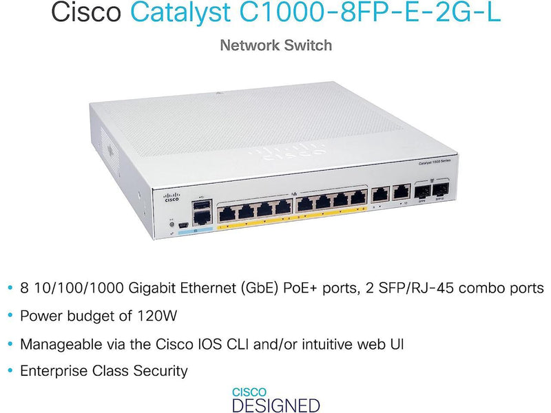 Cisco Catalyst 1000-8FP-E-2G-L Network Switch, 8 Gigabit Ethernet PoE+ Ports,