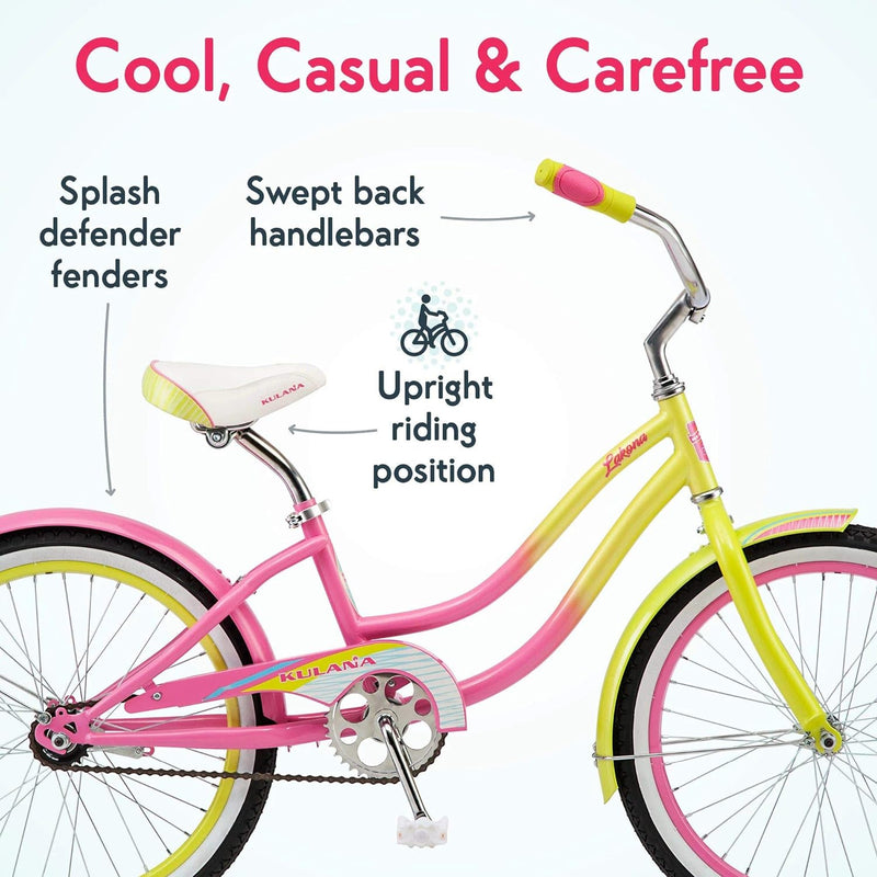 Kulana Lakona Youth and Adult Beach Cruiser Bike, 20-Inch Wheel - Pink/Yellow - Like New