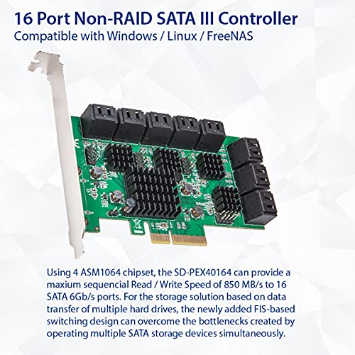 SYBA 16 PORT SATA III PCIE 3.0 X4 NON-RAID EXPANSION CARD QUAD ASM1064 - GREEN Like New