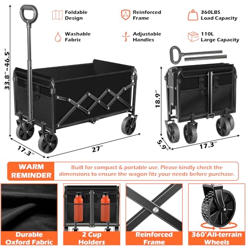 FFQ WAGONS CARTS FOLDABLE COLLAPSIBLE WAGON LIGHTWEIGHT PORTABLE 360 LBS - BLACK - Like New