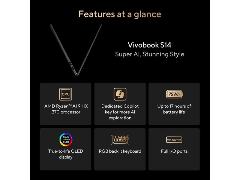 ASUS Vivobook S14 Laptop, Copilot+ PC AMD Ryzen AI 9 HX 370 32GB RAM 1TB SSD