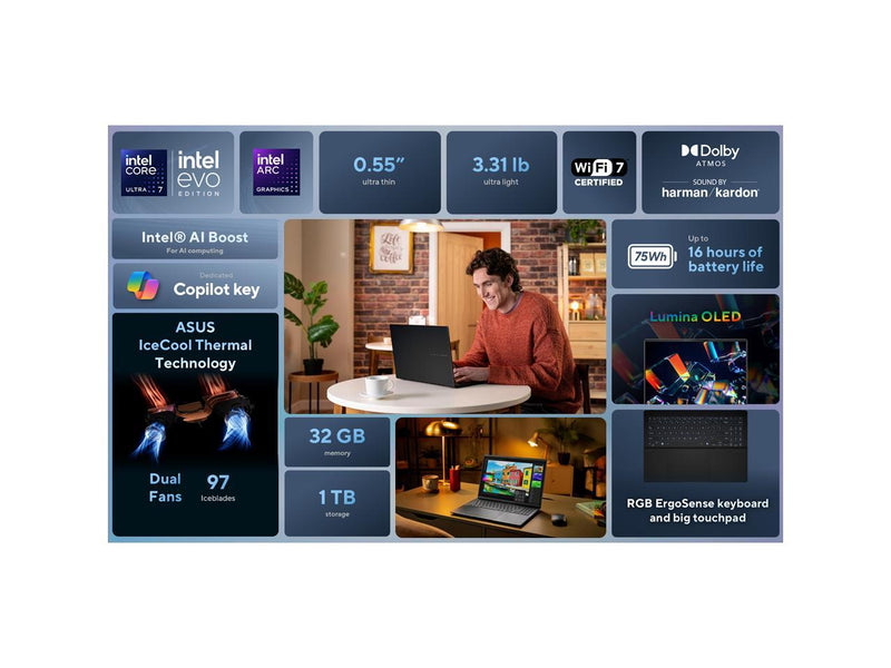 ASUS Vivobook S 16" 3K OLED Intel Core Ultra 7 255H Processor 32GB RAM 1TB SSD