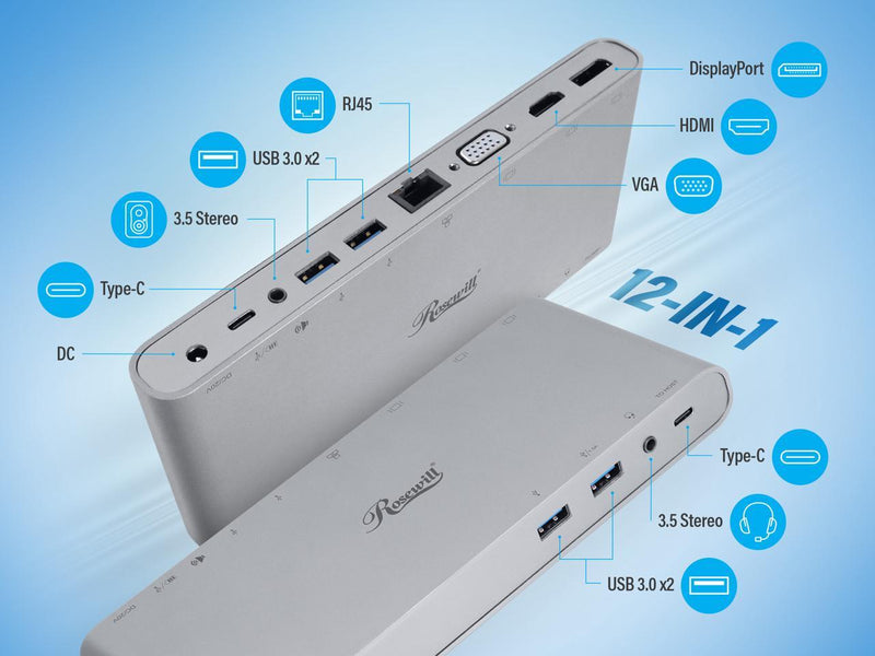 Rosewill 12-Port Laptop Docking Station, 4K Ultra HD MST Hub, Supports 3 Video