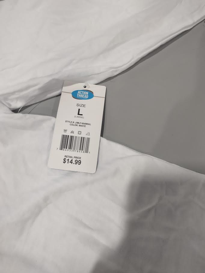 ACTION THREAD LONG SLEEVE T SHIRT - SIZE: MEN L - WHITE - Brand New