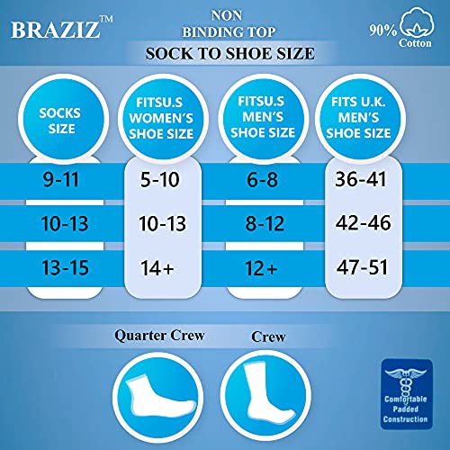 BRAZIZ 12 PAIRS NON-BINDING CUSHION COTTON DIABETIC CREW SOCKS WOMEN’S - BLACK - Brand New