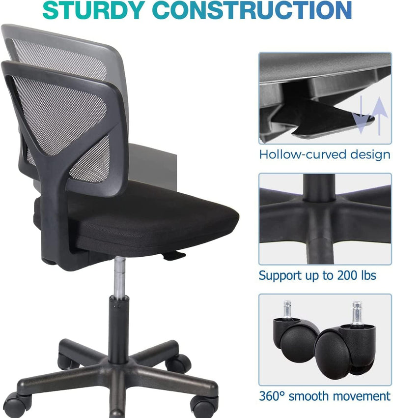 AFO Small Desk Chair Armless with Ergonomic Lumbar Support - Black Like New