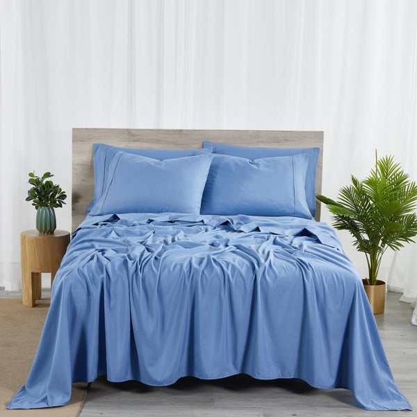 BIBB HOME QUEEN SIZE 2000 COUNT BAMBOO SHEET SET SNUG GRIP 6 PIECE - OCEAN BLUE - Like New