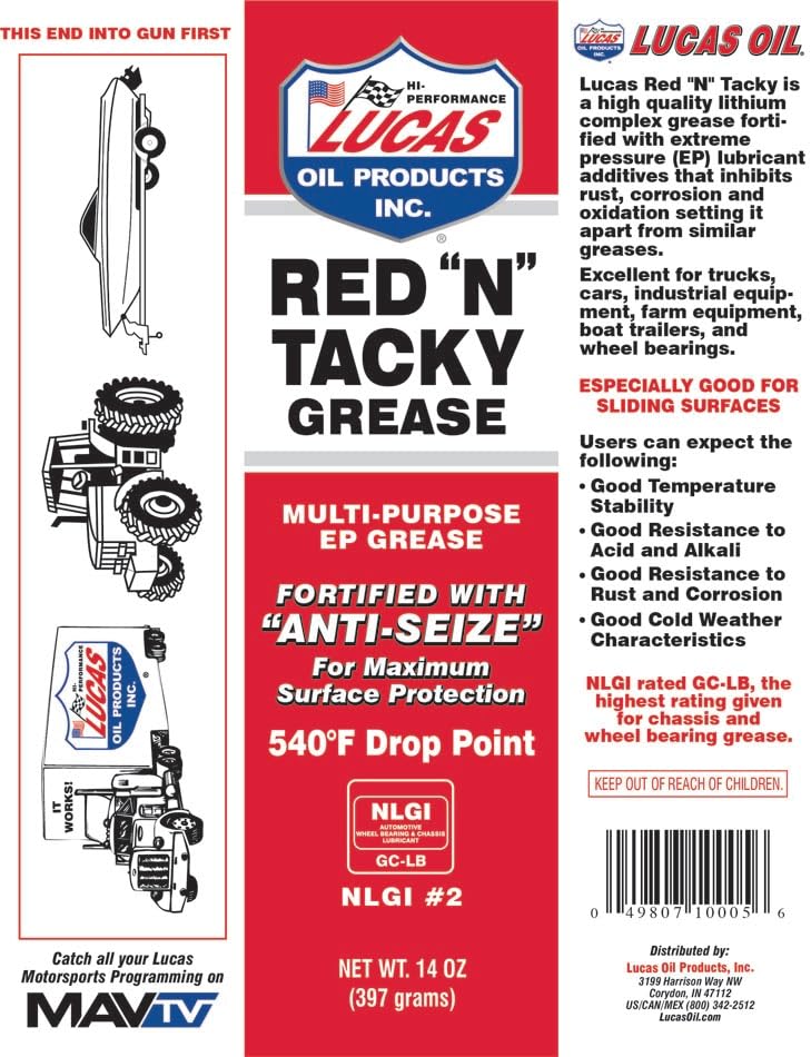 LUCAS OIL 10005 RED 'N' TACKY GREASE - 14 OUNCE - Brand New