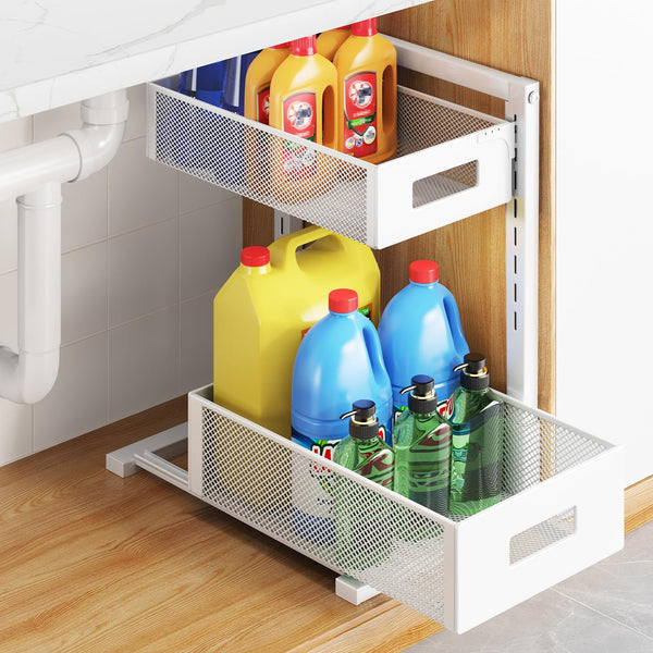 TISTAYA PULL-OUT UNDER KITCHEN SINK ORGANIZER, HEIGHT ADJUSTABLE, WHITE - Like New