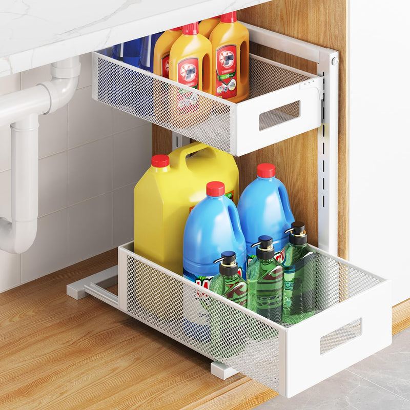 TISTAYA PULL-OUT UNDER KITCHEN SINK ORGANIZER, HEIGHT ADJUSTABLE, WHITE - Like New