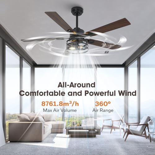 VACZON 52" Farmhouse Ceiling Fans Lights Remote Ceiling Fan, Brown/Black - Brand New