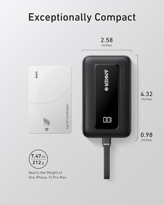 ANKER POWER BANK(20,000 MAH, BUILT-IN USB-C CABLE) - BLACK - Like New