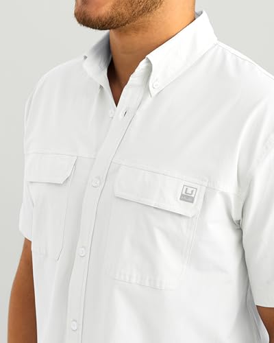 HUK MENS NEXT LEVEL SOLID SHORT SLEEVE FISHING BUTTON DOWN SHIRT WHITE M - Brand New