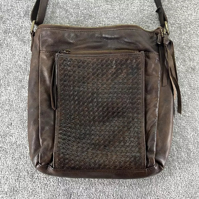 ESTALON CROSSBODY BAG PURSE TOTE LEATHER WOMENS WOVEN - BROWN - Like New