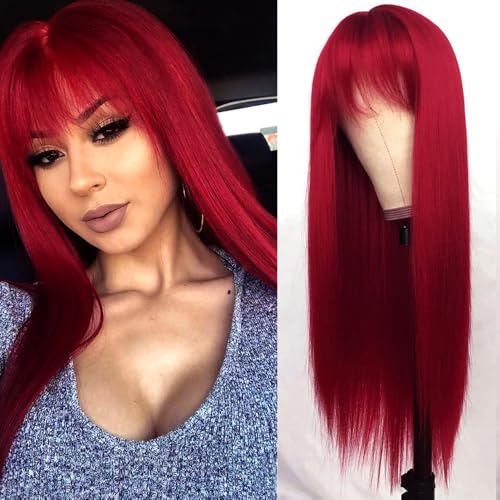 QD-TIZER RED LONG SILKY STRAIGHT WIG BANGS HEAT RESISTANT SYNTHETIC NO LACE WIG - Brand New