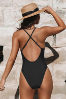 CUPSHE DEEP V-WIRE CROSS BACK CHEEKY BLACK ONE PIECE SWIMSUIT - SIZE: L - BLACK - Brand New