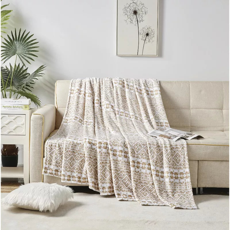 TALA PLAZATEX PRINTED LUXURIOUS ULTRA SOFT LIGHTWEIGHT BLANKET, 90X90 - BEIGE - Brand New