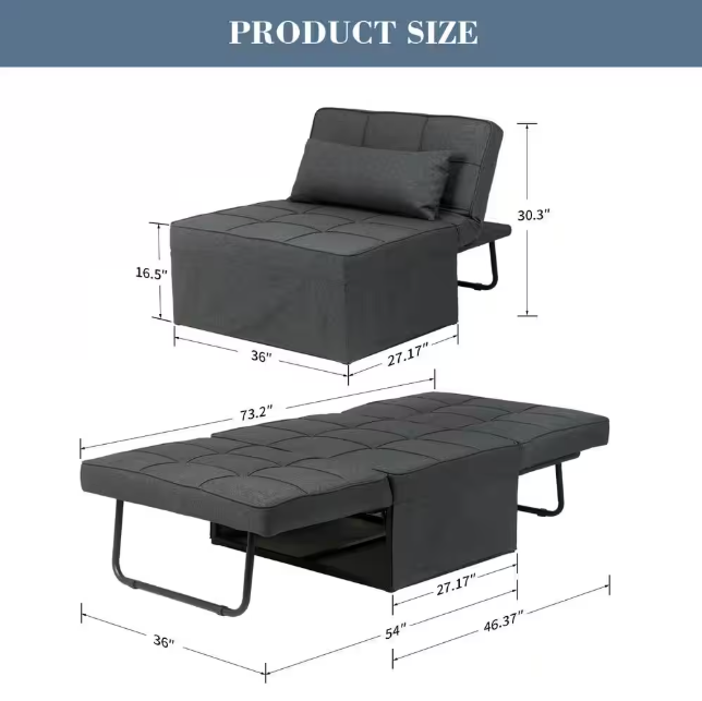 VONANDA 4 IN 1 ADJUSTABLE SOFA BED FOLDING CHAIR/OTTOMAN - DARK GRAY - Like New
