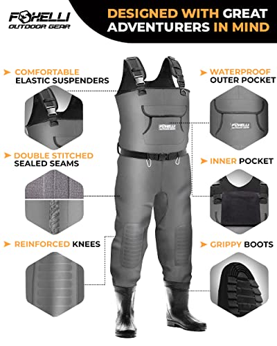 FOXELLI CHEST WADERS, 4MM NEOPRENE HUNTING & FISHING WADERS MEN 7 - GRAY - Like New