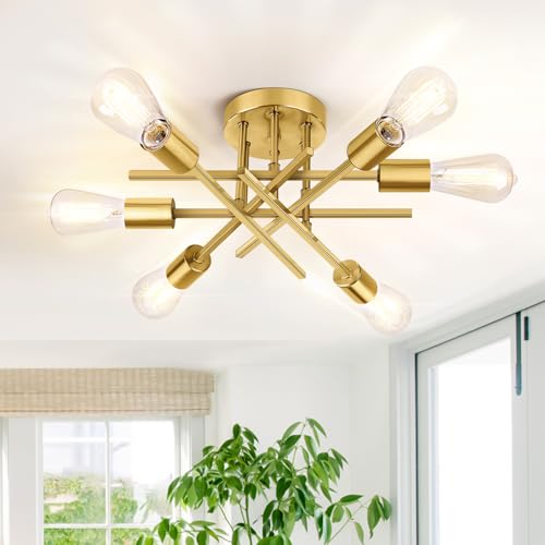 TOBUSA 6-Light Gold Semi Flush Mount Ceiling Light Fixture, Modern Industrial - Brand New