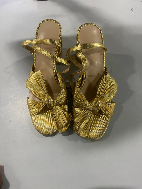 MICIFA WOMEN'S BOW KNOT ANKLE STRAP OPEN TOE HIGH BLOCK SANDAL - GOLD - Like New