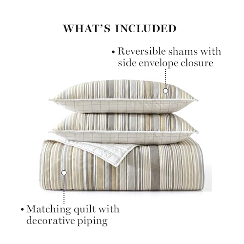 MARTHA STEWART Full/Queen Quilt Set - 3 Piece Soft WASHED - Lefferts Stripe - Brand New