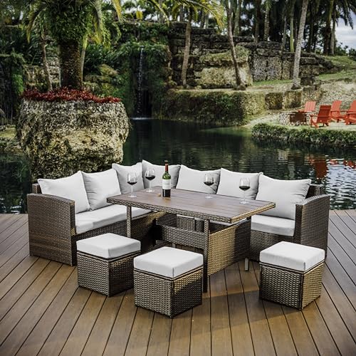 Nestl Wicker Outdoor Furniture Set - 7 Piece Patio Dining Set (Brown/Off White) - Like New