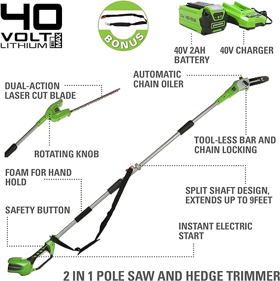 Greenworks 40V 8" Polesaw + Pole Hedge 2.0Ah Battery Gen 1 PSPH40B210 - GREEN - Like New