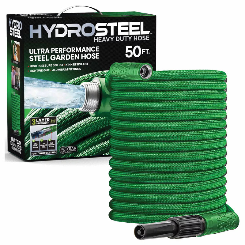 HYRDOSTEEL HEAVY DUTY ULTRA PERFORMANCE STEEL GARDEN HOSE SIZE 50FT - GREEN - Brand New