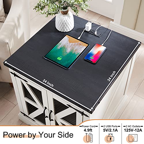 JXQTLINGMU Farmhouse End Table, 24" Large Sofa Side Table with Charging Station - Like New
