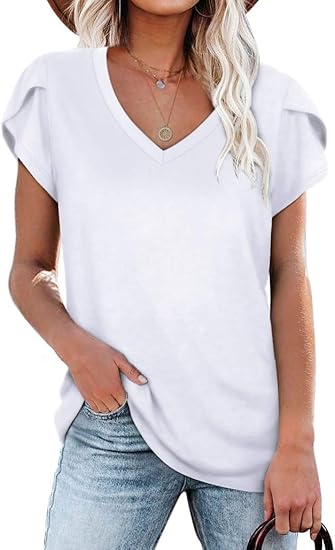 NANYUAYA WOMENS TOPS V NECK SUMMER PETAL SLEEVE CASUAL TSHIRT - SIZE: L - WHITE - Like New
